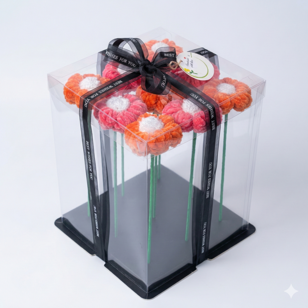 Orange & Pink Velvet Mix Daisy Handicraft Yarn Flower Bouquet (Set of 9)