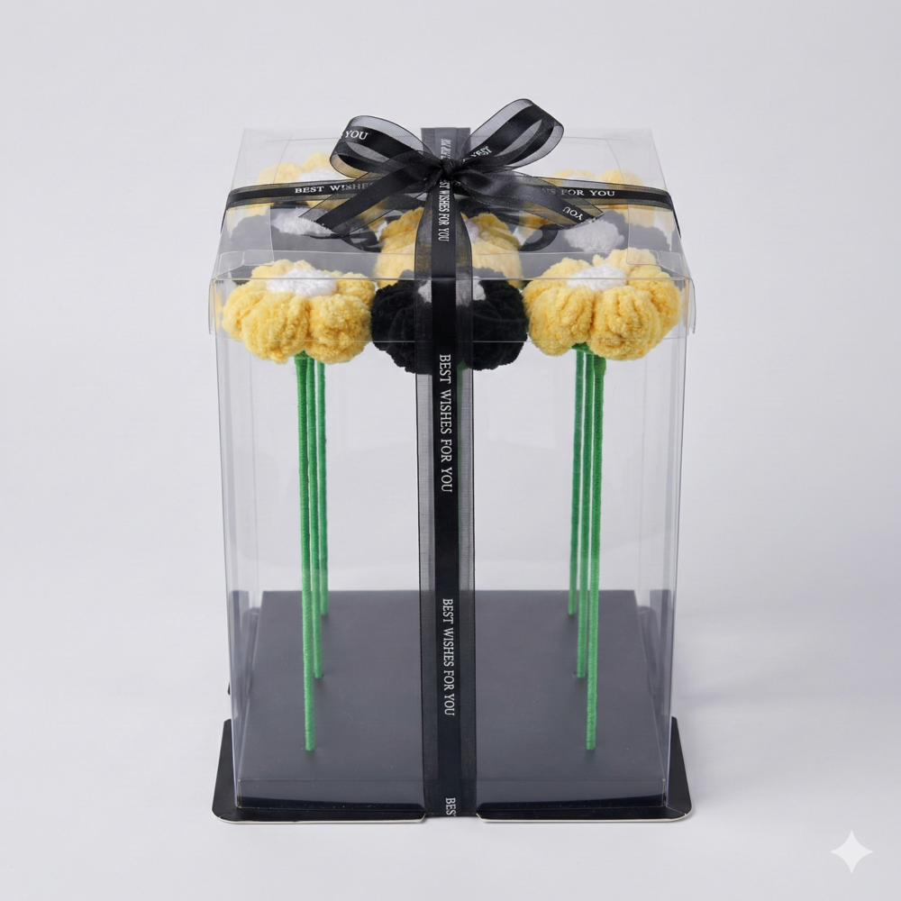 Black & Yellow Velvet Daisy Mix Handicraft Yarn Flower Bouquet (Set of 9)