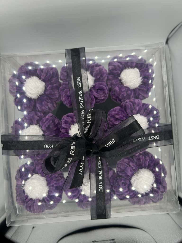 Purple Velvet Daisy Handicraft Yarn Flower Bouquet (Set of 9) - Image 2