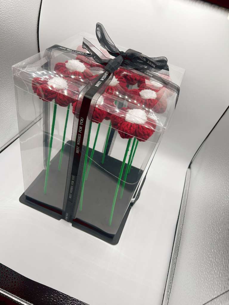 Red Daisy Handicraft Yarn Flower Bouquet (Set of 9) - Image 2