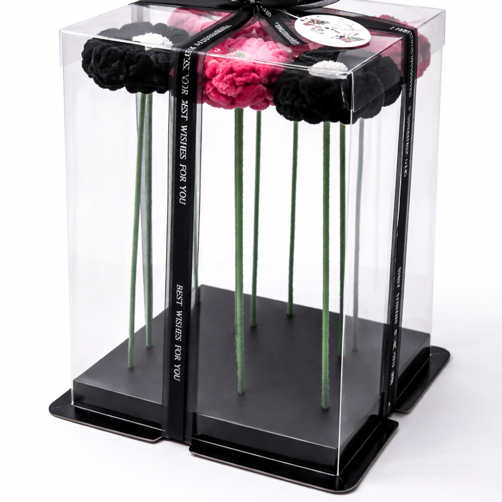 Black & Pink Velvet Mixed Handicraft Yarn Flower Bouquet (Set of 9)