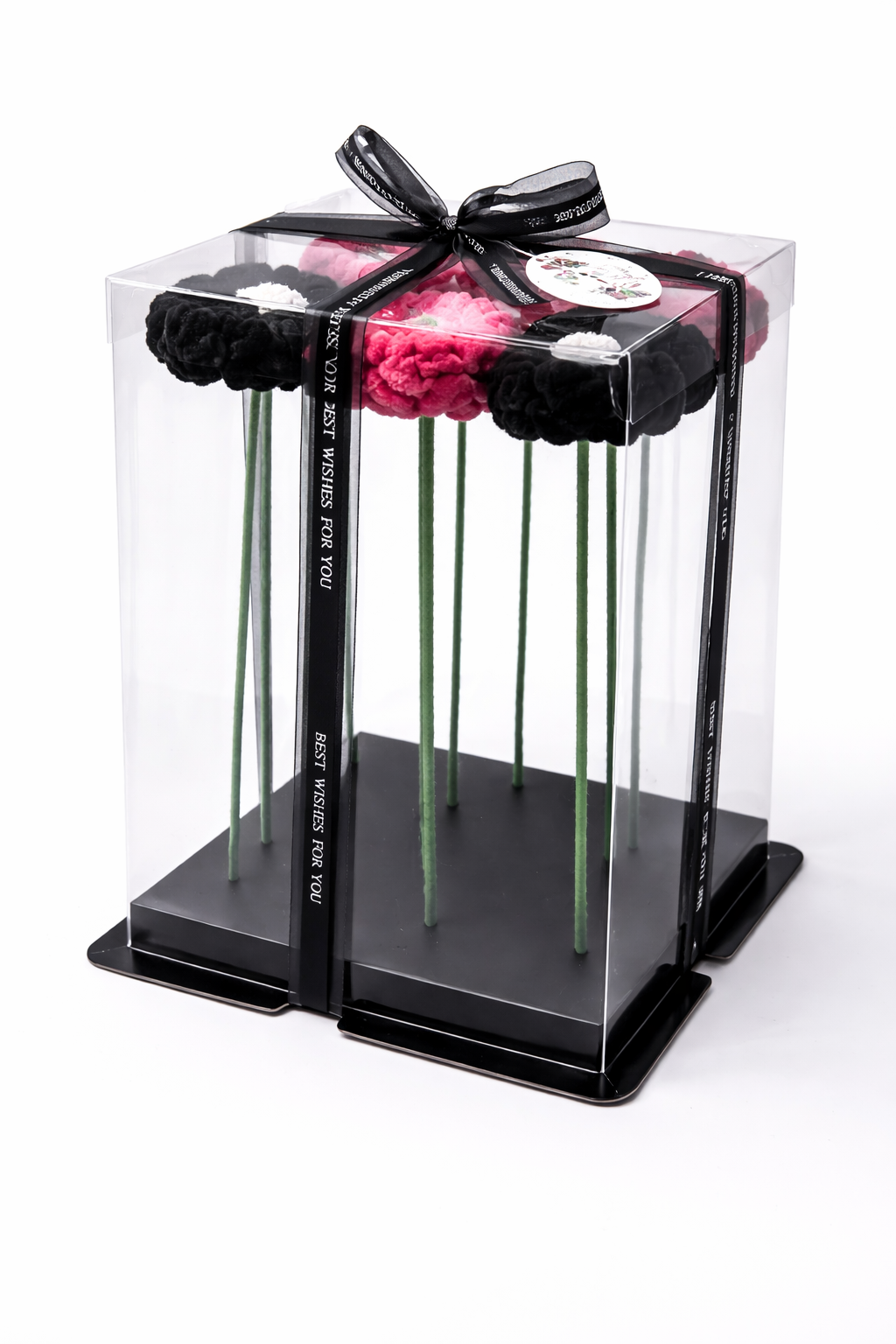 Black & Pink Velvet Mixed Handicraft Yarn Flower Bouquet (Set of 9)