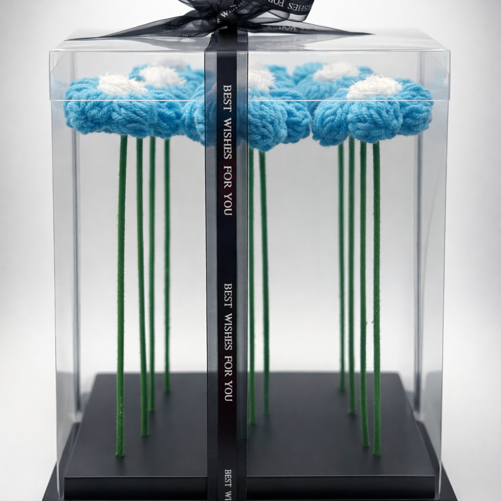 Sky Blue Daisy Handicraft Yarn Flower Bouquet (Set of 9)